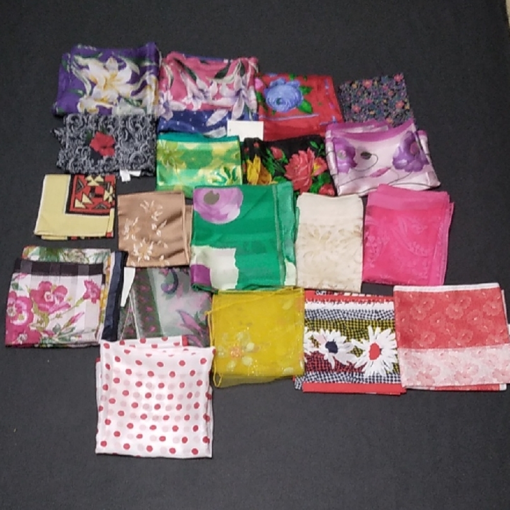 Lot Of 19 All New Square And Oblong Silk. Cotton And Polyester Scarfs
